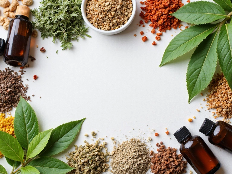 Close-up of various natural ingredients like herbs, oils, and botanicals, arranged aesthetically