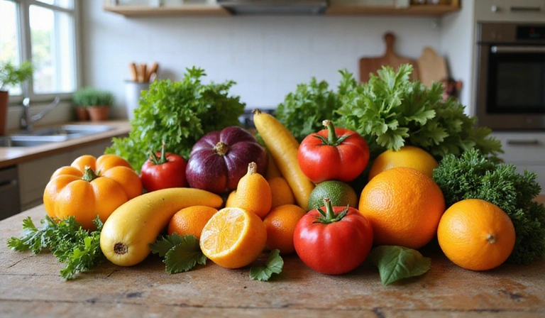 Image of various colorful fruits and vegetables on a kitchen counter