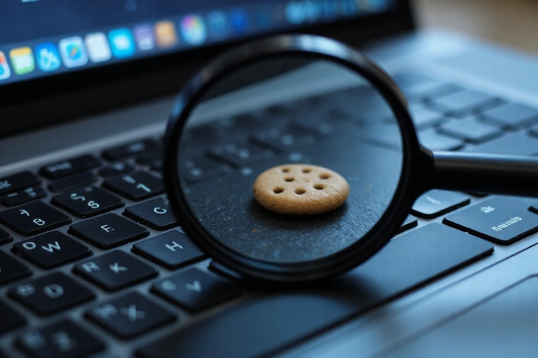 A close-up of a computer keyboard with a magnifying glass hovering over a cookie icon, representing website tracking and privacy settings.